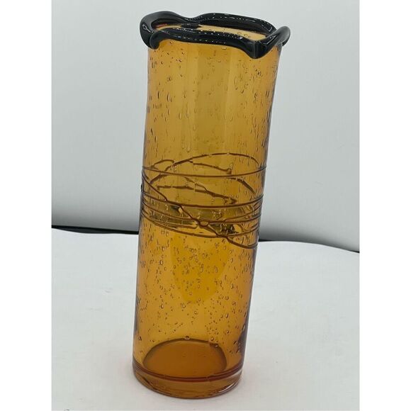 Vintage 10”  Studio Made, Hand Blown Art Glass Vase Orange With Brown Applied Ri - Picture 1 of 7